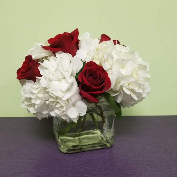 Red roses and white hydrangeas in a square glass vase