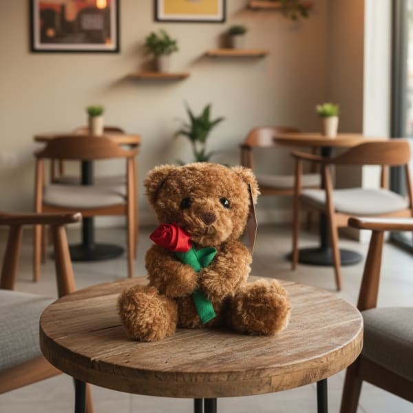 Teddy bear holding a red rose on a wooden table