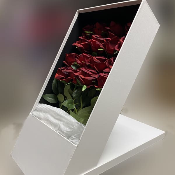 Red roses arranged in a white presentation box