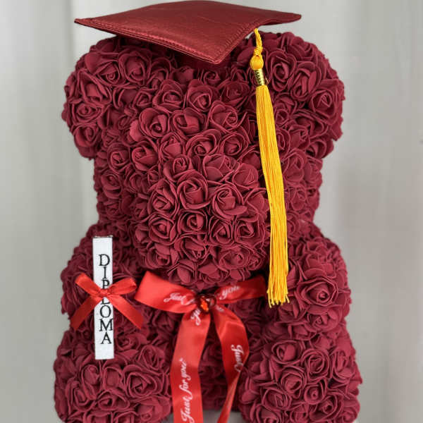 Faux Burgundy Rose Graduation Teddy Bear