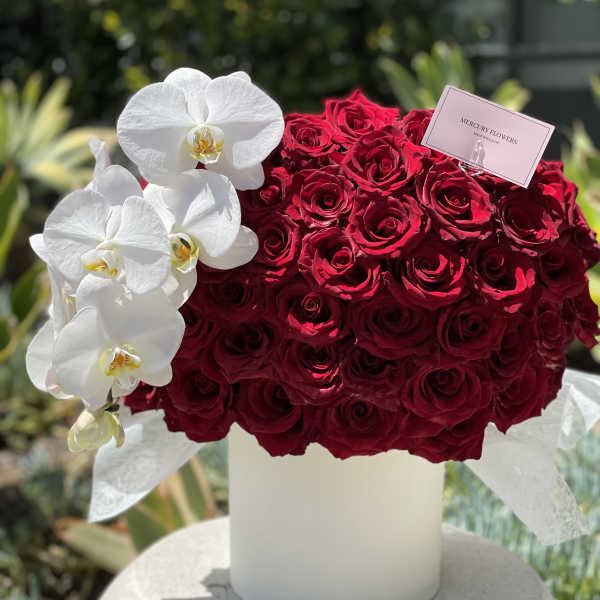 Red rose arrangement with white orchids in a white vase