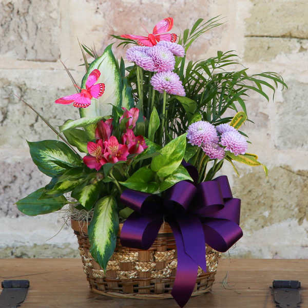 Basket arrangement with pink flowers, purple blooms, and butterflies