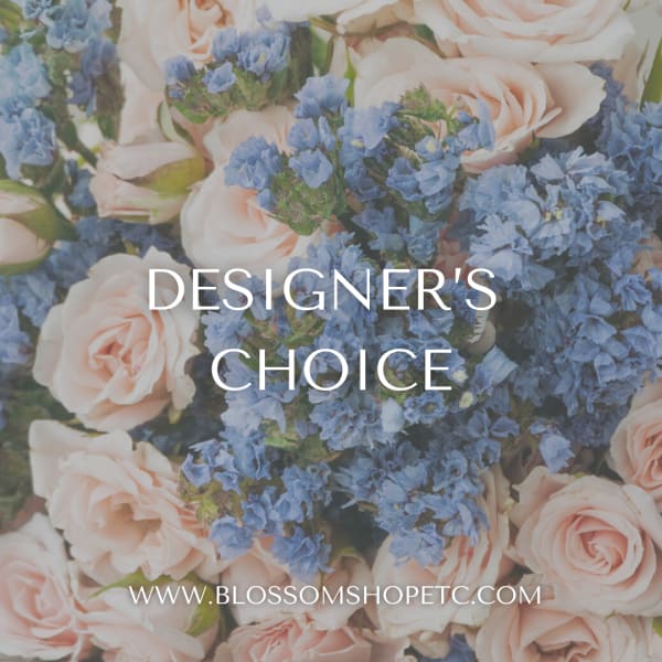 Blush roses and blue flowers arranged in a dense floral background with text overlay
