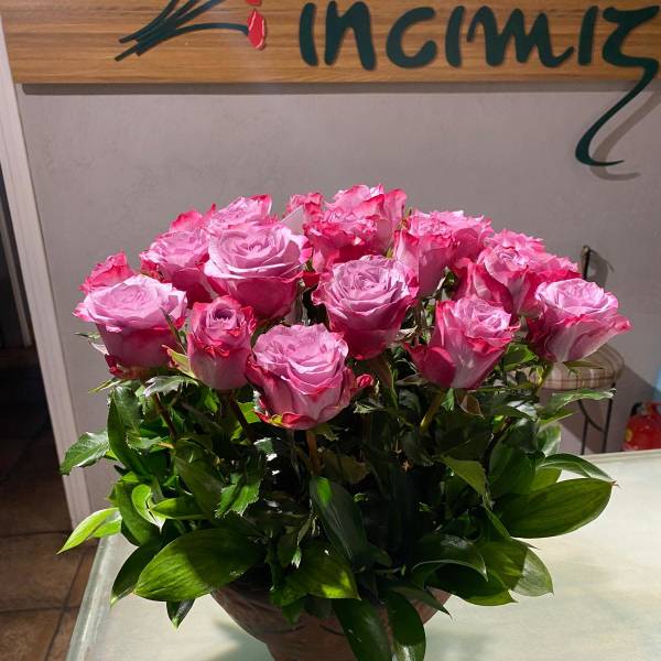 Pink roses arranged in a round vase with glossy greenery