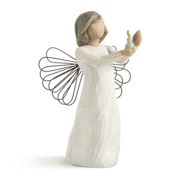 Angel figurine in a white dress holding a candle