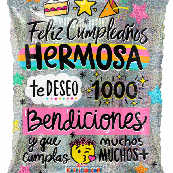 Glittery birthday balloon with Spanish text and colorful stars