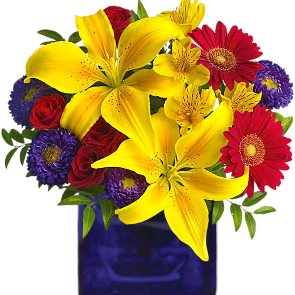 Bouquet of yellow lilies, red roses, and purple daisies in a blue vase