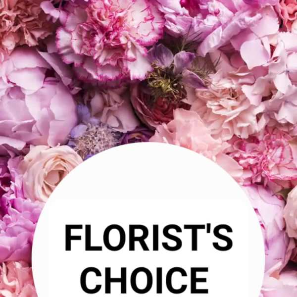 Pink and purple floral backdrop with a white circle reading Florist's Choice