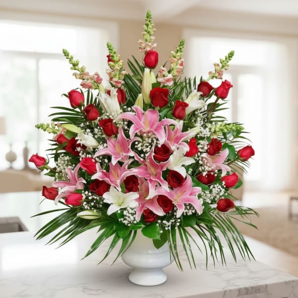 Red roses and pink lilies arranged in a white vase