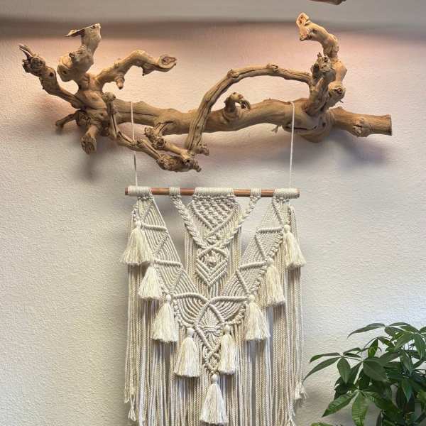 Macrame wall hanging suspended from a driftwood branch with potted plants below