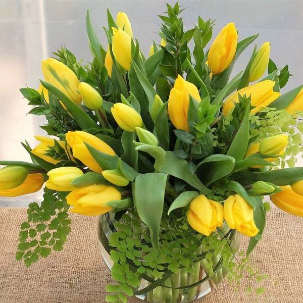 Yellow tulips arranged in a clear glass vase with fern foliage