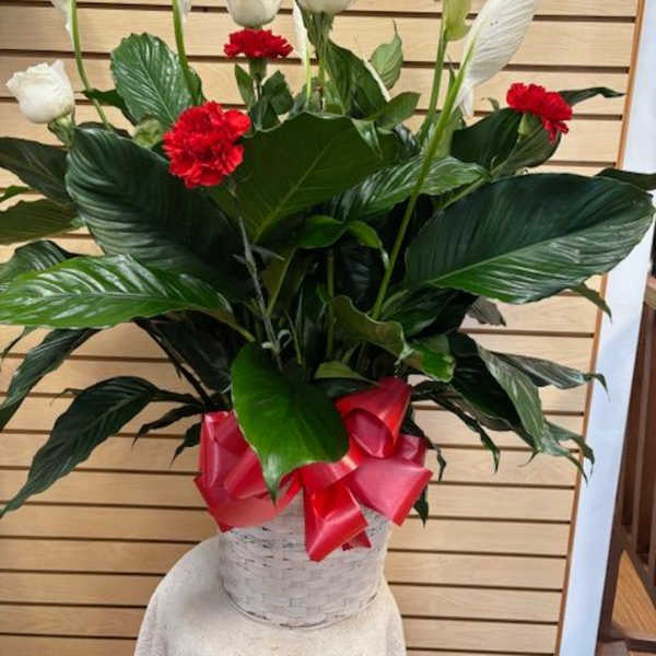 Tall white floral arrangement with red accents in a basket