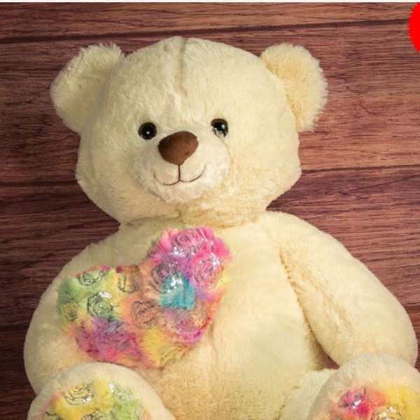 Cream teddy bear with colorful floral-patterned paws and chest
