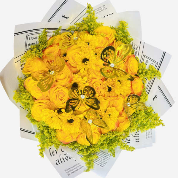 Yellow rose and daisy bouquet with butterfly decorations