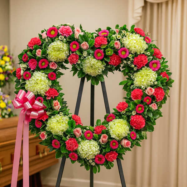 Heart-shaped standing wreath with green hydrangeas, pink roses, and bright pink flowers on a black easel.