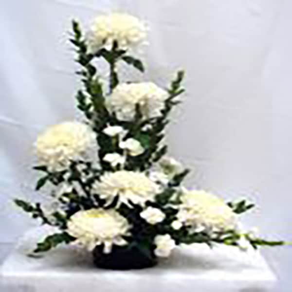 Tall white floral arrangement with large blooms in a black container