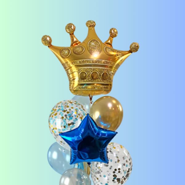 Gold crown balloon with blue star and confetti balloons