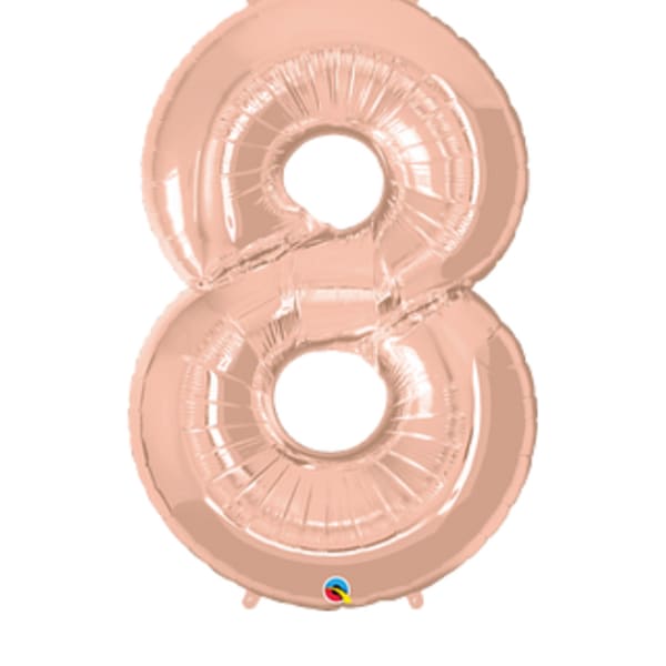 Rose gold foil balloon shaped like the number 8