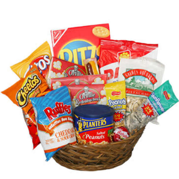 Basket of assorted snack bags and a tin of peanuts
