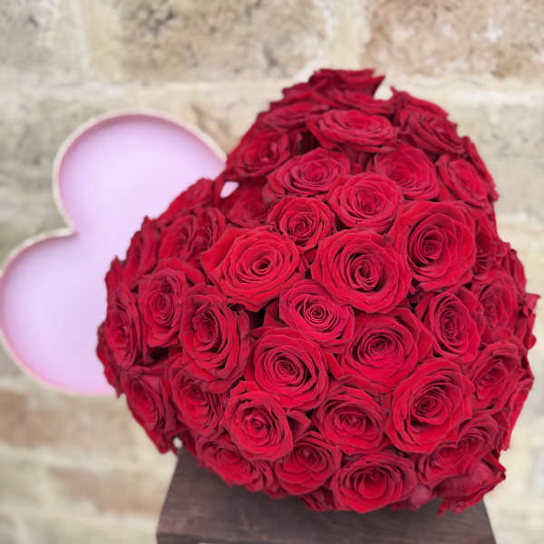 Heart-shaped arrangement of red roses with a pink heart backdrop