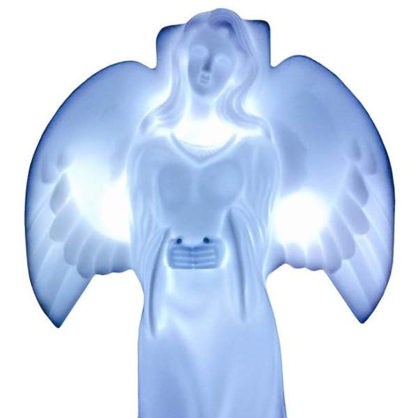 Blue angel-shaped decorative figure with outstretched wings