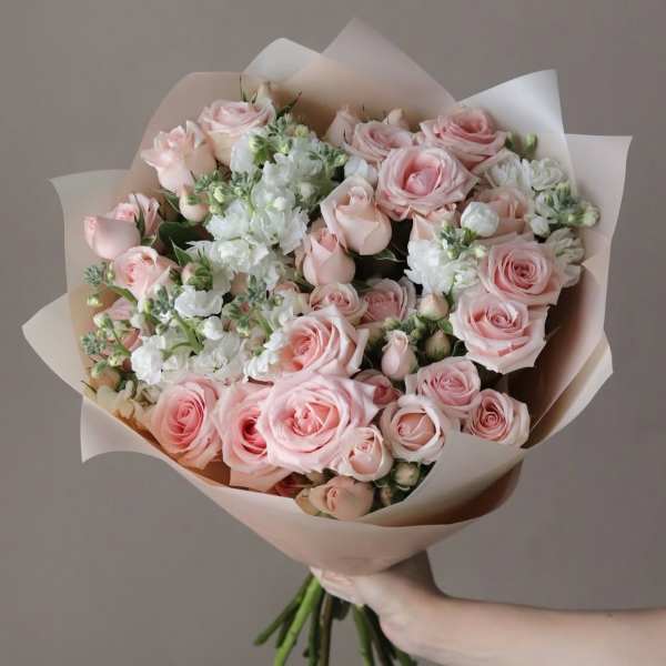 Bouquet of pale pink roses and white flowers wrapped in blush paper