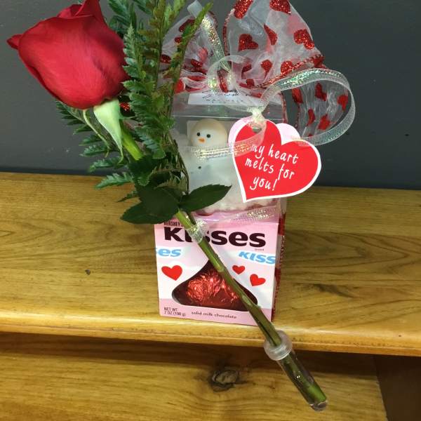 Red rose with a Hershey's Kisses gift box and heart ribbon
