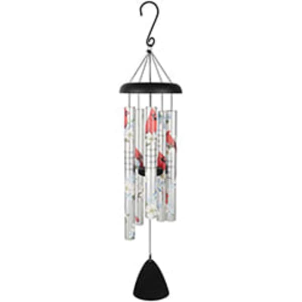 Hanging wind chime with metal tubes and red bird accents