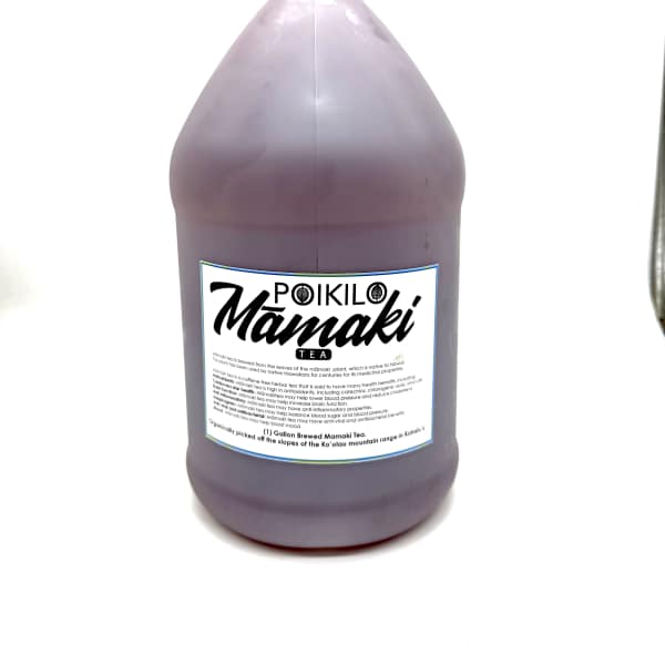 A large plastic bottle of Mamaki tea with a printed label