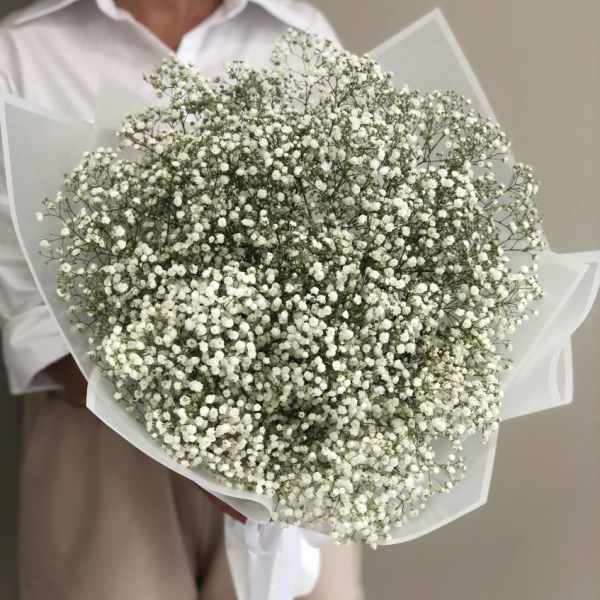 Large bouquet of tiny white flowers wrapped in white paper