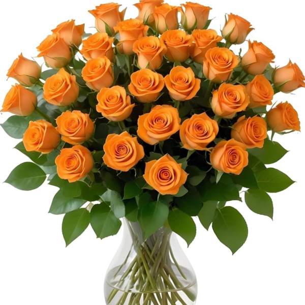 Bouquet of orange roses in a clear glass vase