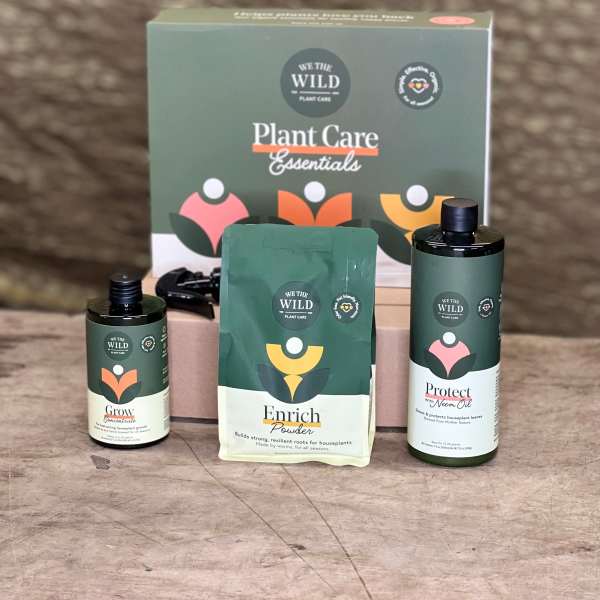 Plant care gift set with three bottles and a pouch in front of a box