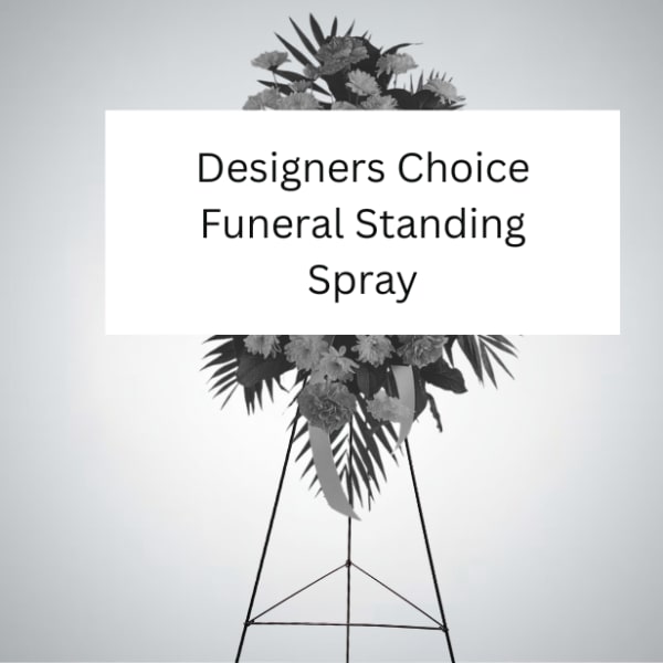 Designer's choice funeral standing spray on a tall metal easel with mixed flowers and foliage