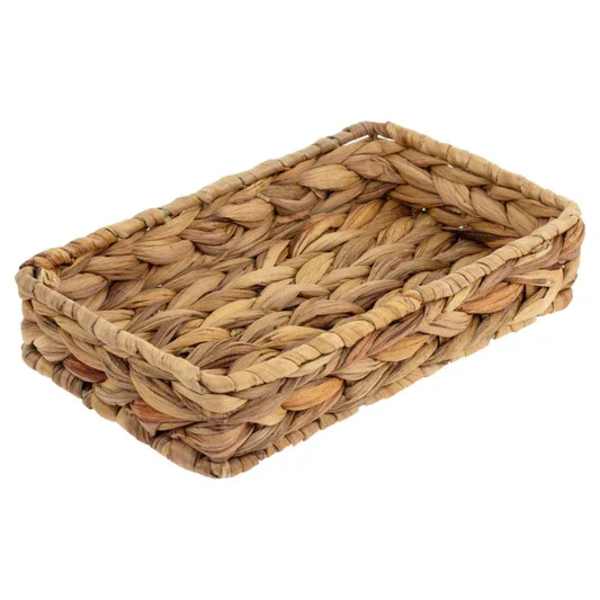 Rectangular woven basket tray on a white background