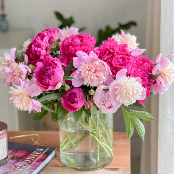 Pink peonies and pale pink flowers arranged in a clear glass vase