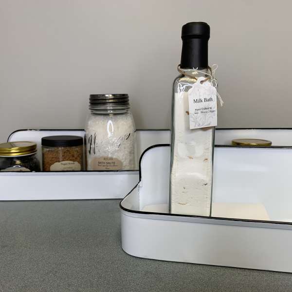 Gift tray with bath salts and a milk bath bottle