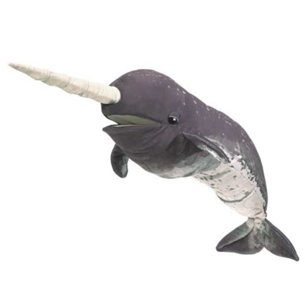 Plush narwhal toy with a long horn on a white background