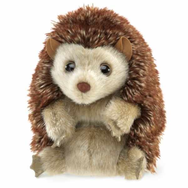 Plush hedgehog toy with brown spiky fur and a cream face