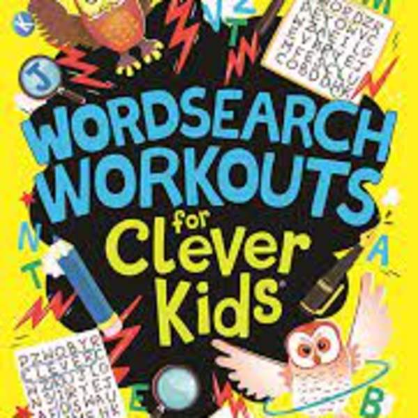 Colorful book cover with an owl and large text reading Wordsearch Workouts for Clever Kids