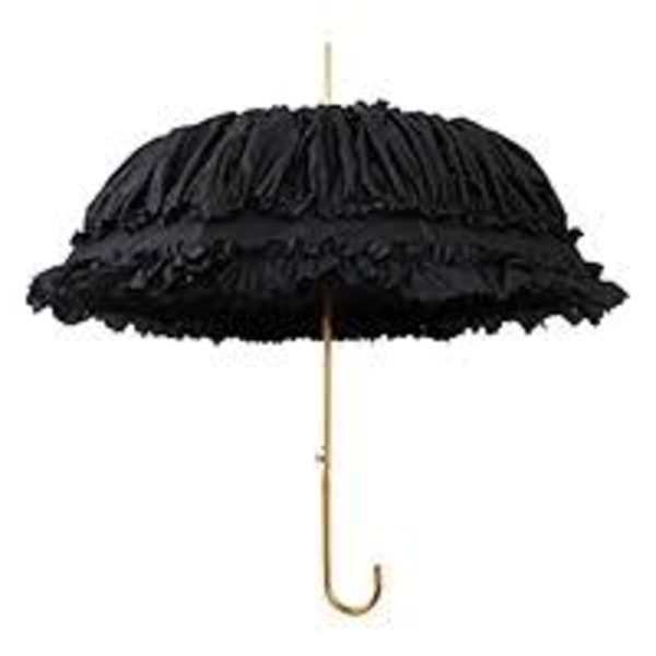 Black ruffled parasol with a curved handle