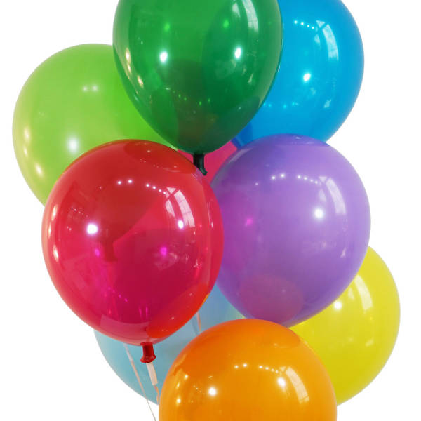 Cluster of colorful helium balloons on white background