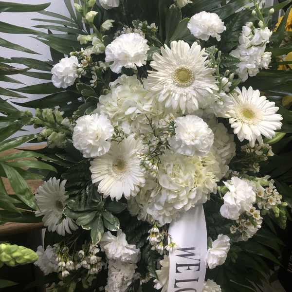 White sympathy spray with gerberas, carnations, and hydrangeas