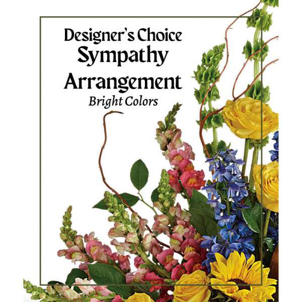 Designer’s Choice Sympathy Arrangement with yellow, blue, and pink flowers