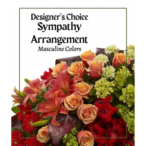 Designer’s Choice Sympathy Arrangement with roses, lilies, and red blooms