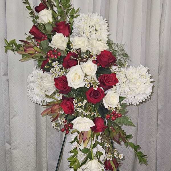 Standing floral spray with red and white roses and white chrysanthemums