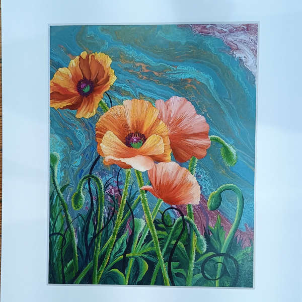 Framed floral artwork with orange and pink poppies on a blue background