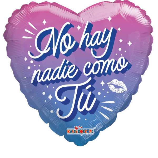 Heart-shaped balloon with Spanish text on a purple-blue gradient background