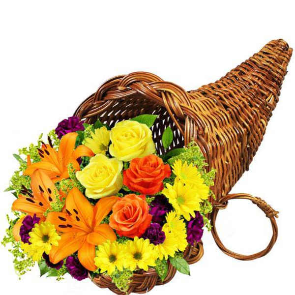 Colorful flower arrangement in a wicker horn-shaped basket