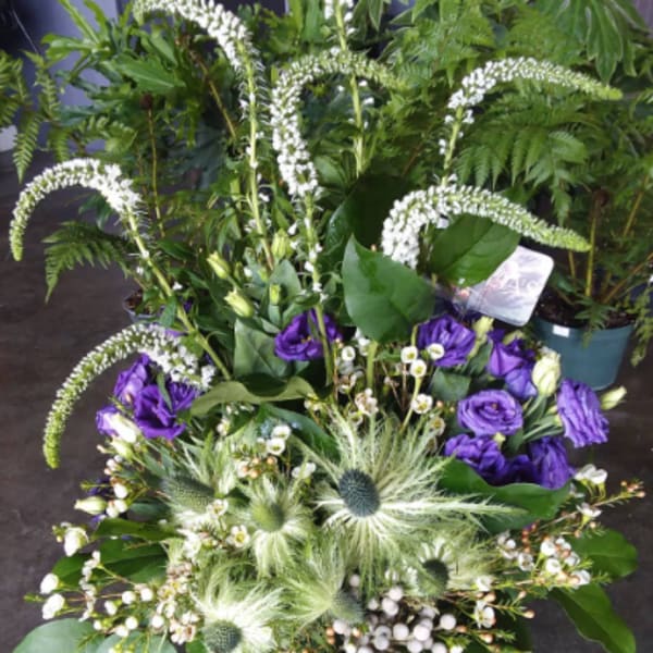 Purple flowers and white spiky blooms arranged with lush greenery