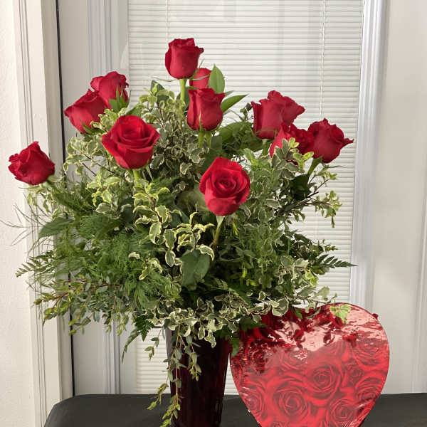 One Dozen Red Roses with Silver Queen Pittosporum and Chocolates
